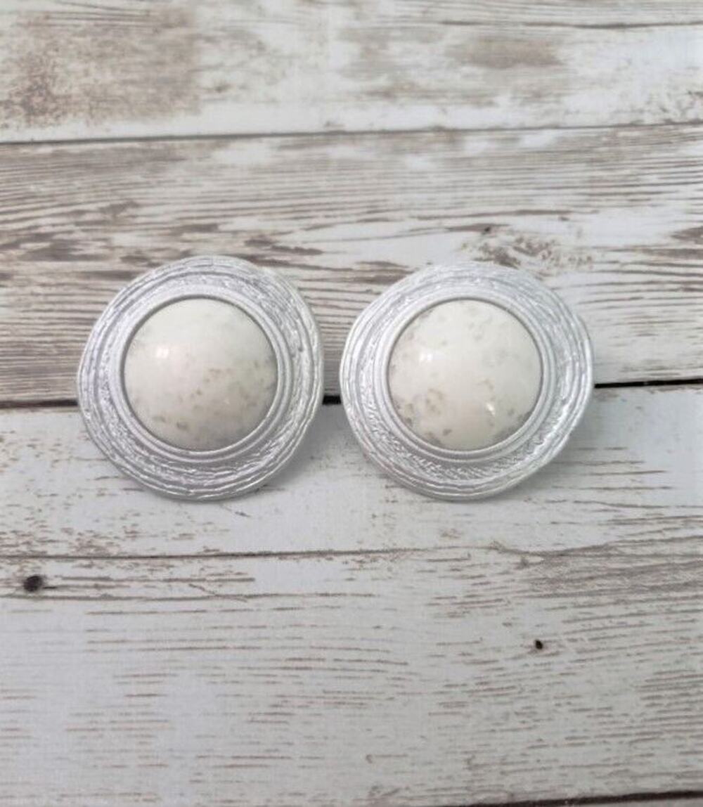 Vintage Clip On Earrings Stone Effect Cream with Silver Tone Halo Statement